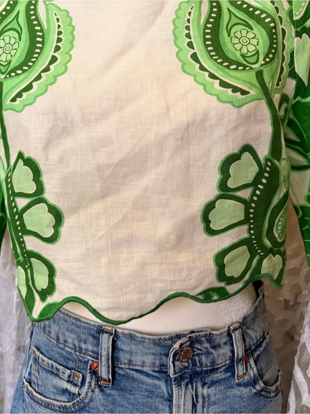 New W/ Tags FARM Rio Green Festival Floral Linen Scalloped Cropped Blouse XS - Picture 5 of 10